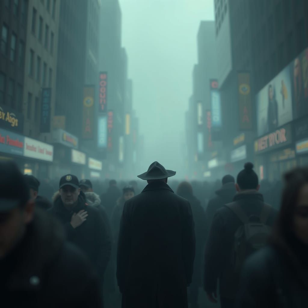 Solitary Figure in Moody Cityscape: Surreal Art