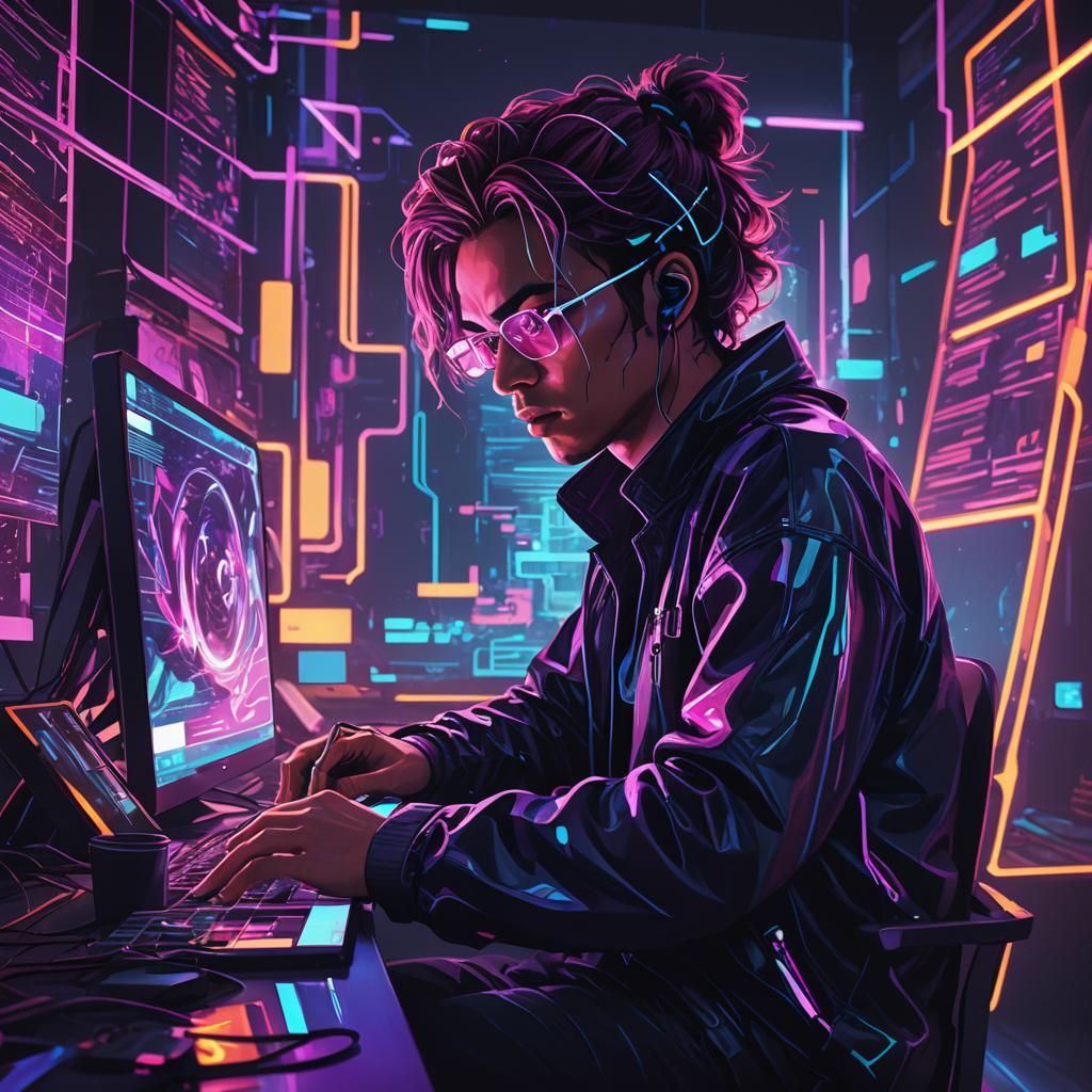 Futuristic Artist Creating Digital Art in Synthwave Style