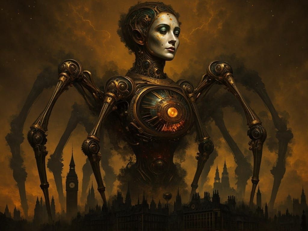 Giant Steampunk War Machine Over Victorian London