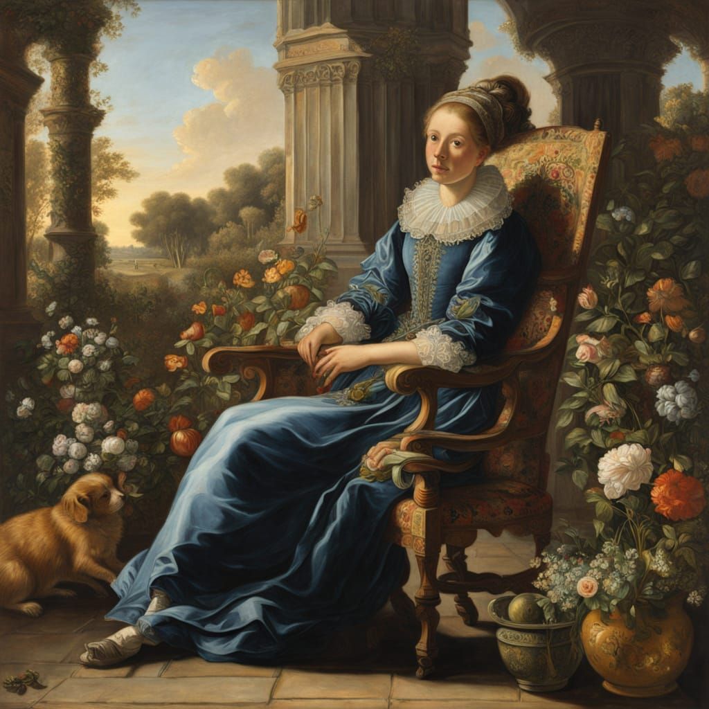 Dutch Golden Age Masterpiece: Elegant Woman in Lush Garden