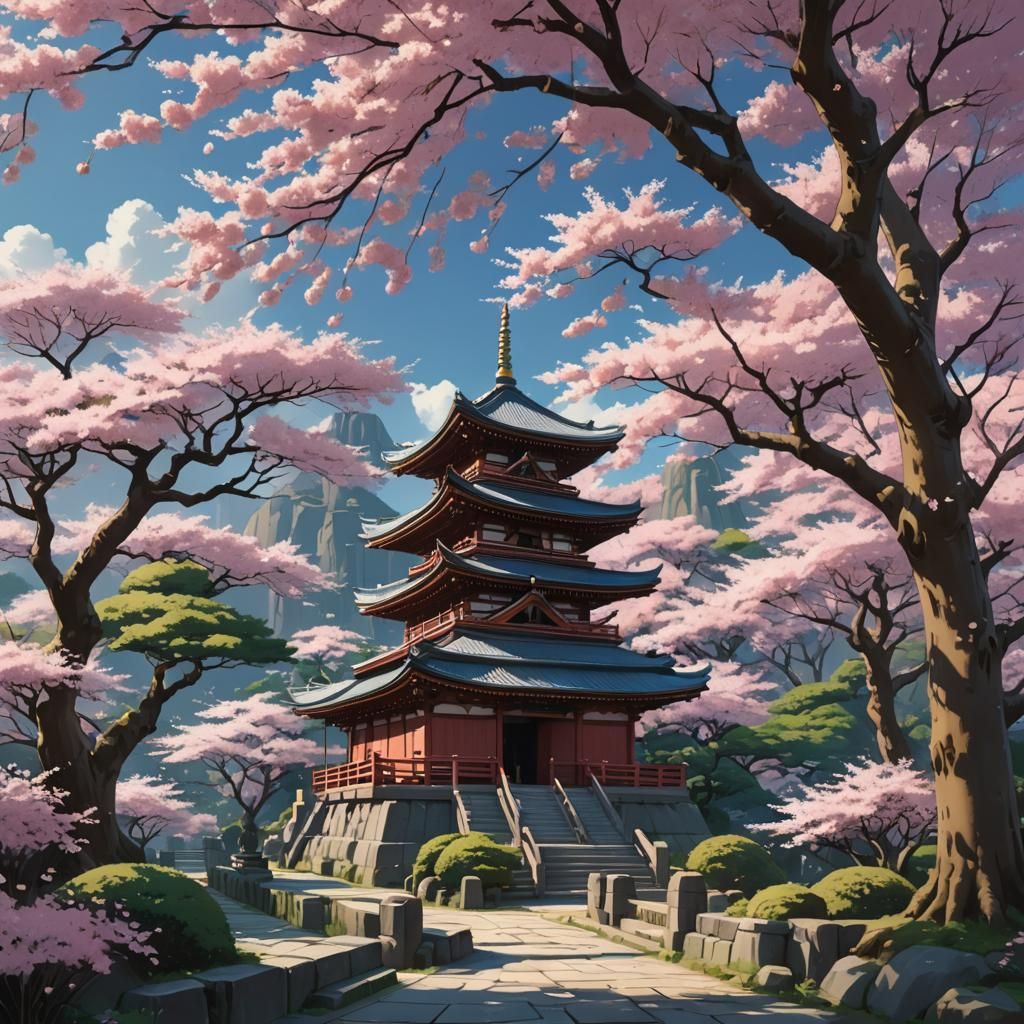 Japanese Temple Amid Cherry Blossoms: Ghibli-Style