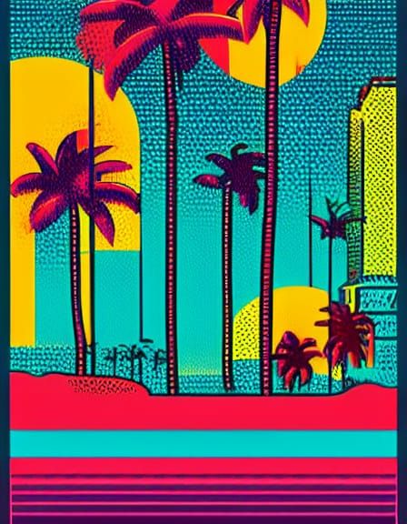 Vibrant Neon Pop Art Gallery in 80s Style Depicting Surf and...