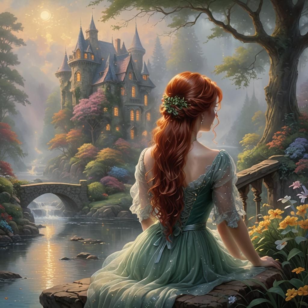 Ethereal Redhead in Misty Fantasy Landscape