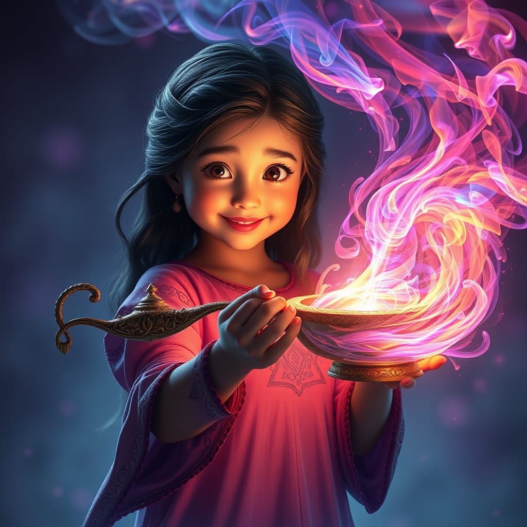 Girl and Genie in Dreamlike Fantasy Art