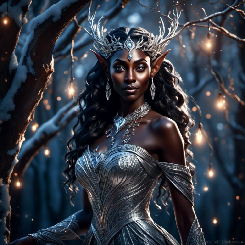 Elegant Dark Elf in Silver Dress