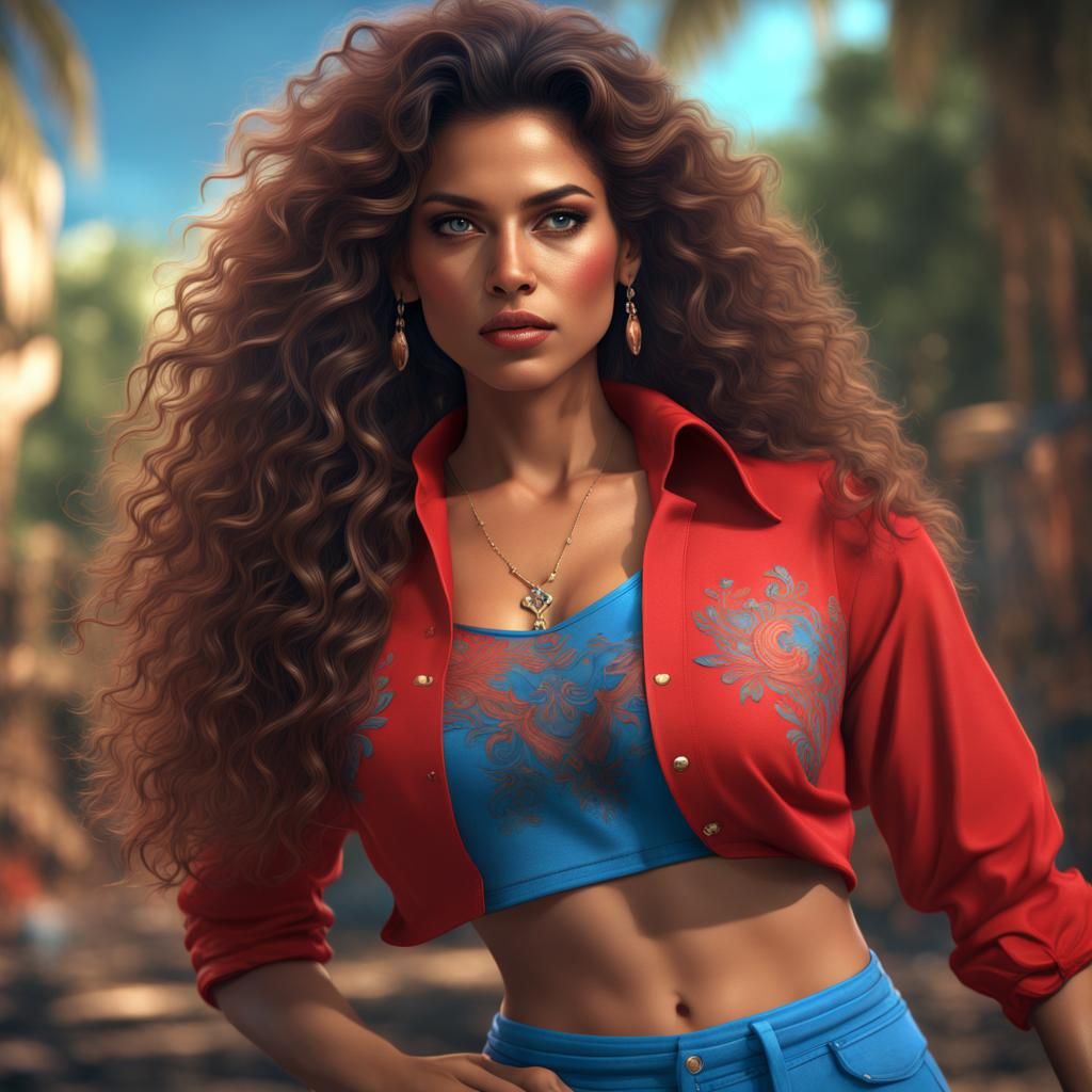 1980s Latina Supermodel in Red and Blue