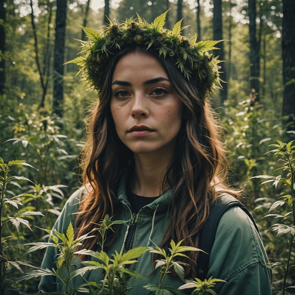 Girl Wearing Weed Crown in Cinematic Film Still