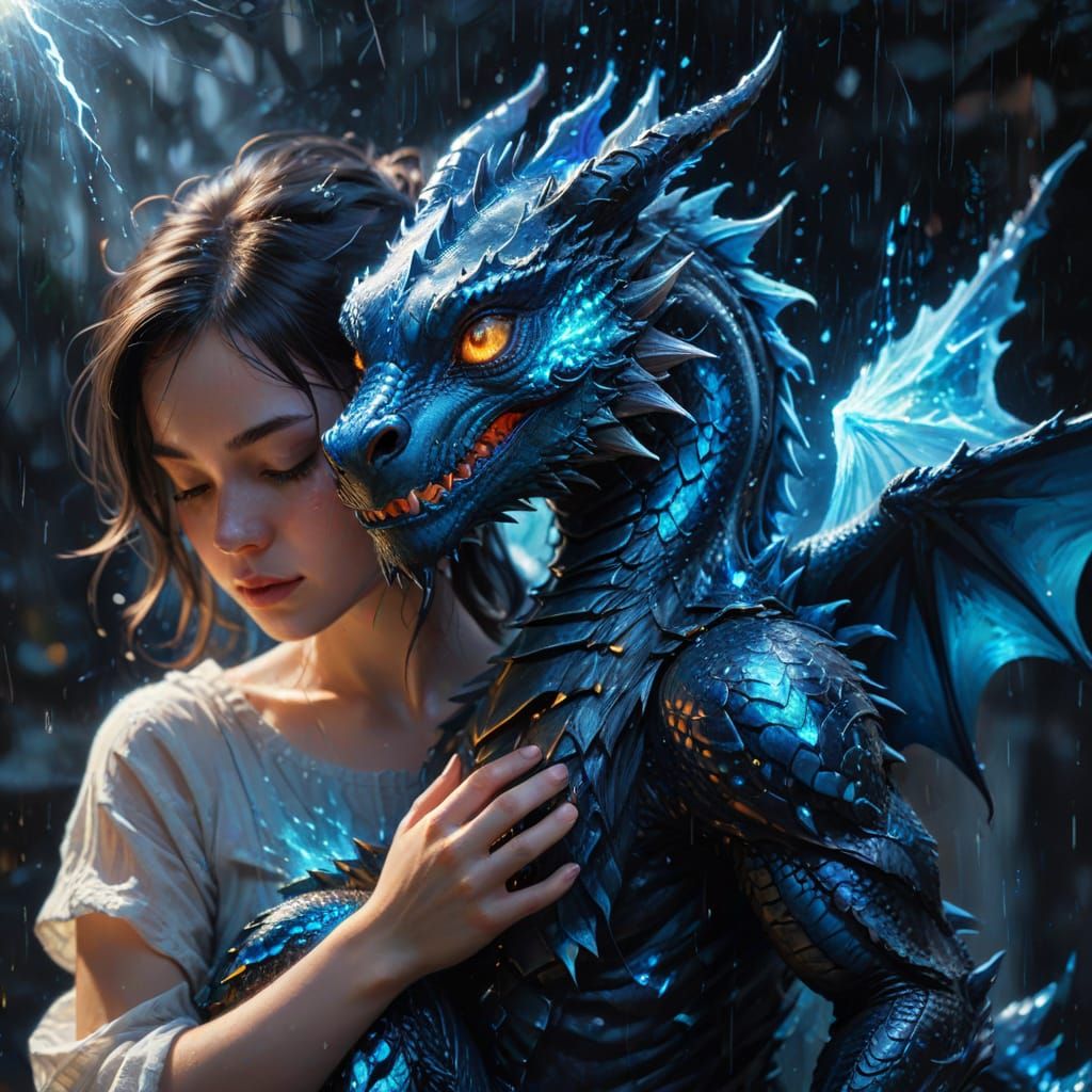 Magical Baby Dragon Energy With Girl in Monochrome Blue