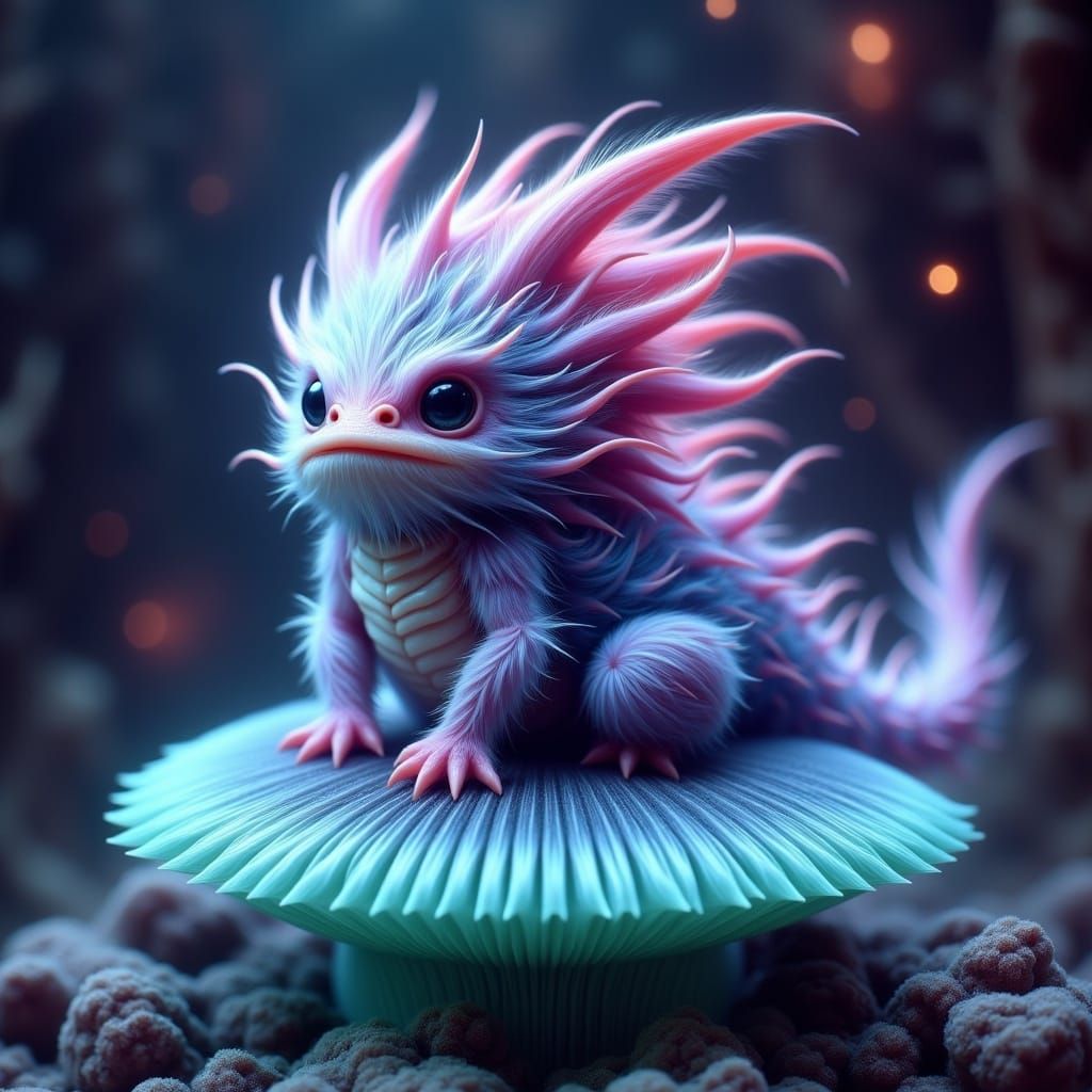 Chibi Dragon on Bioluminescent Mushroom