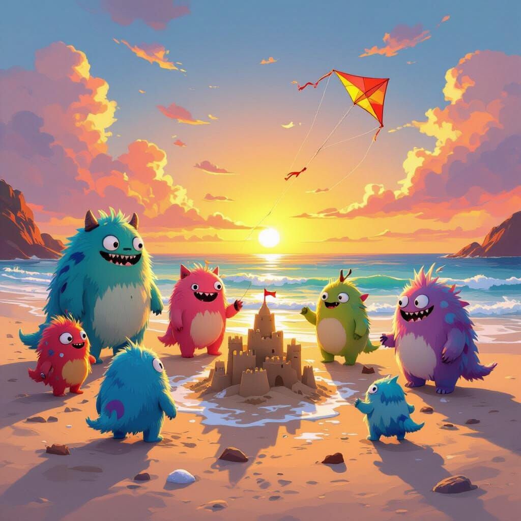 Friendly Monsters Play on Vibrant Beach at Sunset