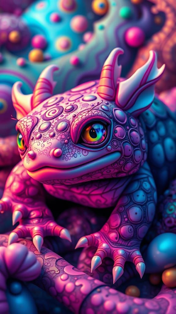 Chibi Axolotls in Vibrant Fractal Patterns