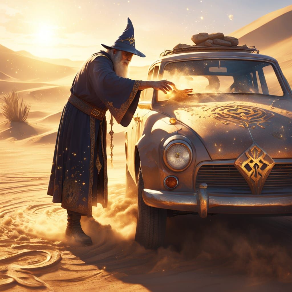 Wizard Cleans Car with Magic in Desert Concept Art