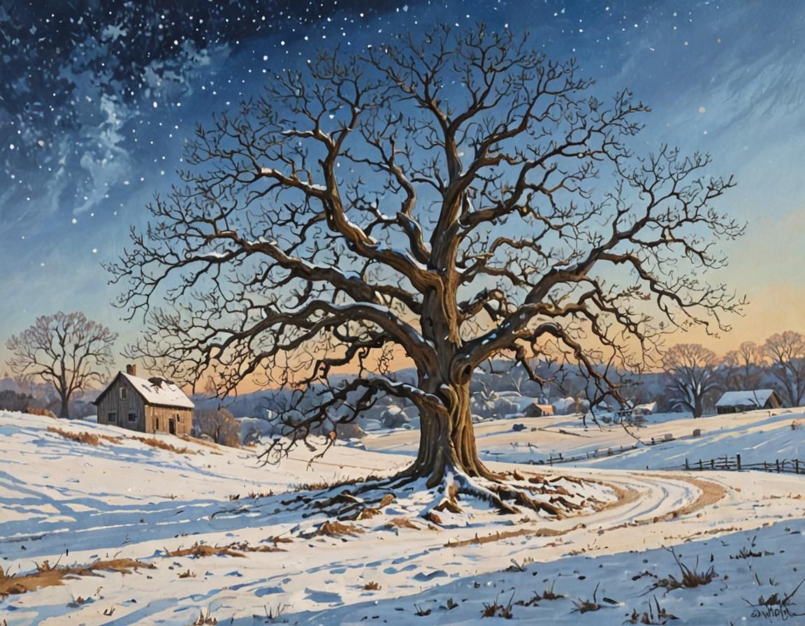 Snowy Oak Tree Painting in Detailed Acrylic Style