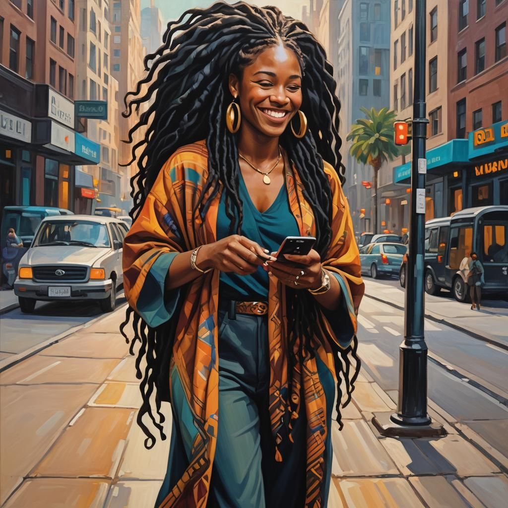 Smiling Black Woman in Uber, Art Deco Oil Painting