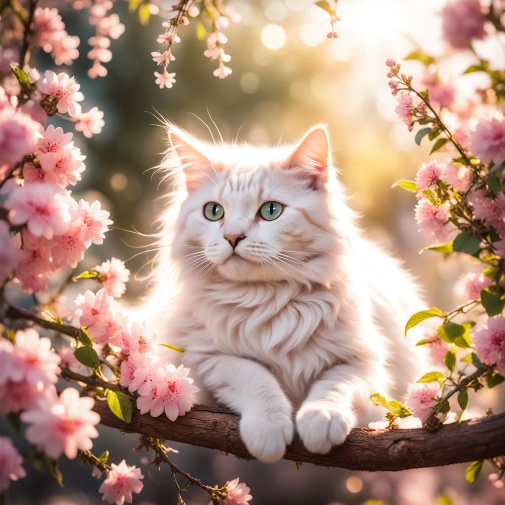 Anime Cat in Divine Sunshine on Flowering Branch