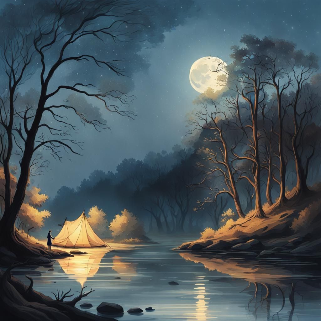 Moonlit Camping Scene on Riverbank: Concept Art