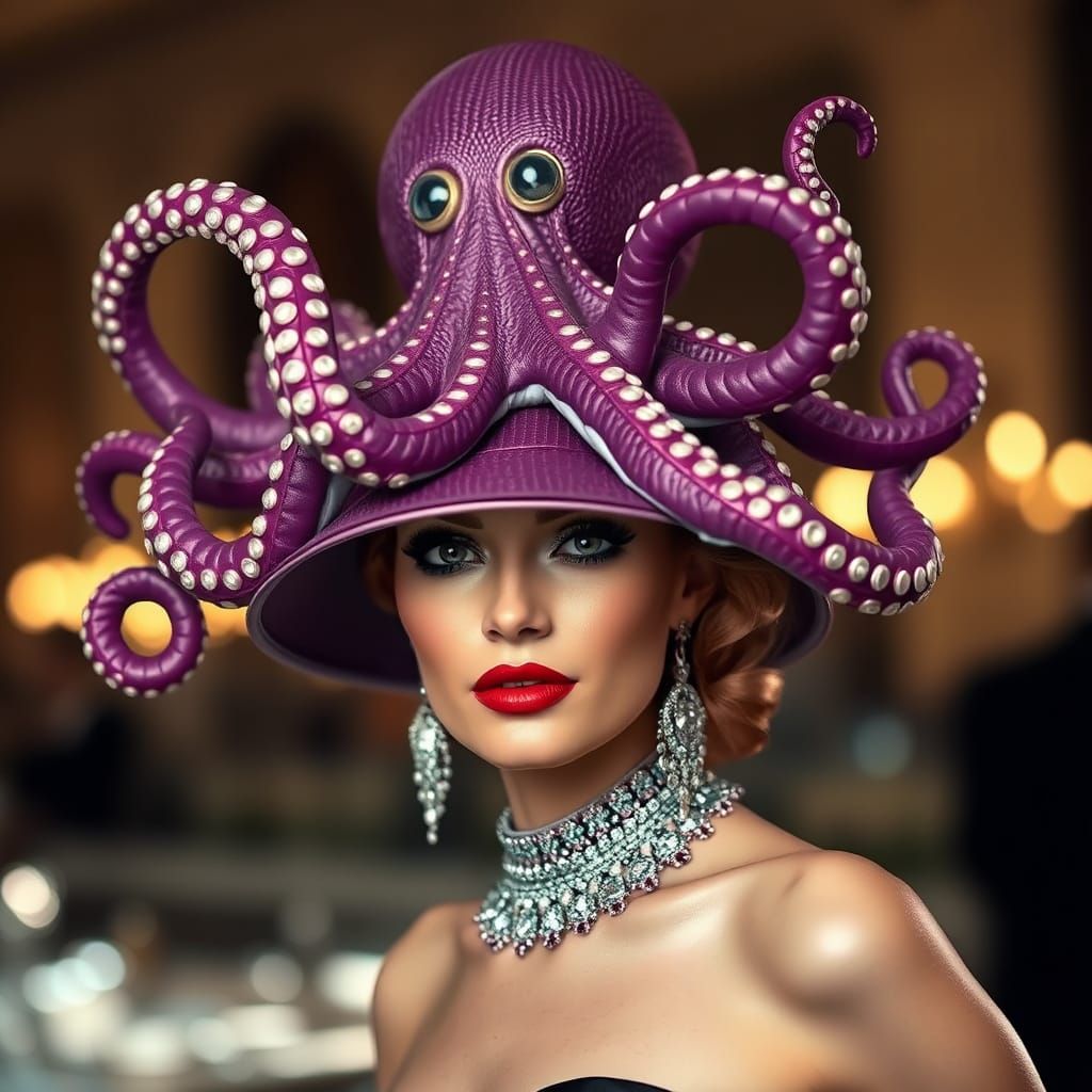 Glamorous Woman Wearing an Octopus Hat