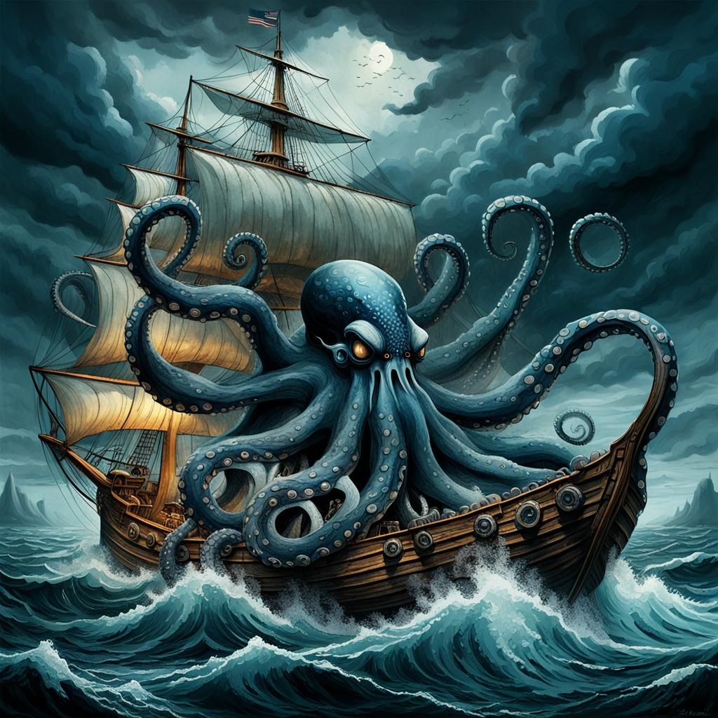 Kraken Attacks Ship in Stormy Sea: Hyperrealistic Art