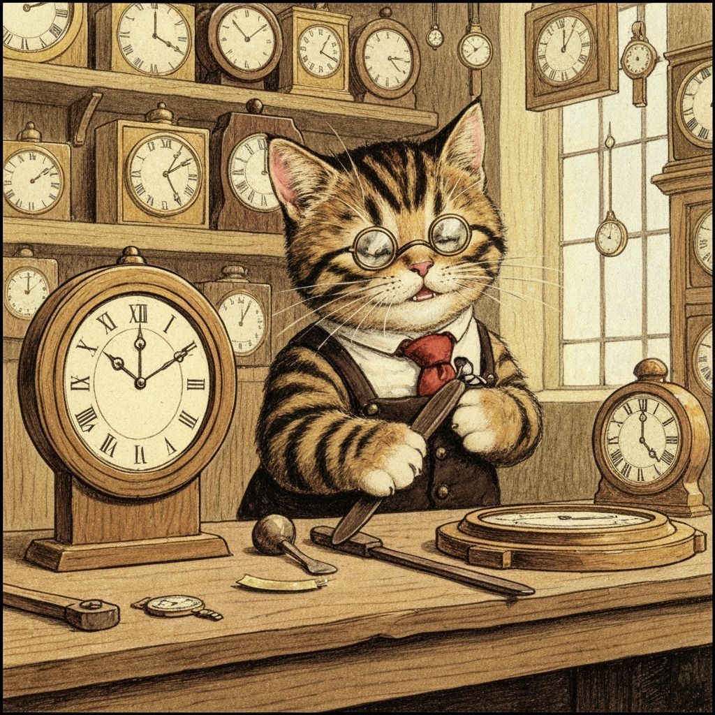 Tabby Kitten Clockmaker in Workshop, Tenniel Style