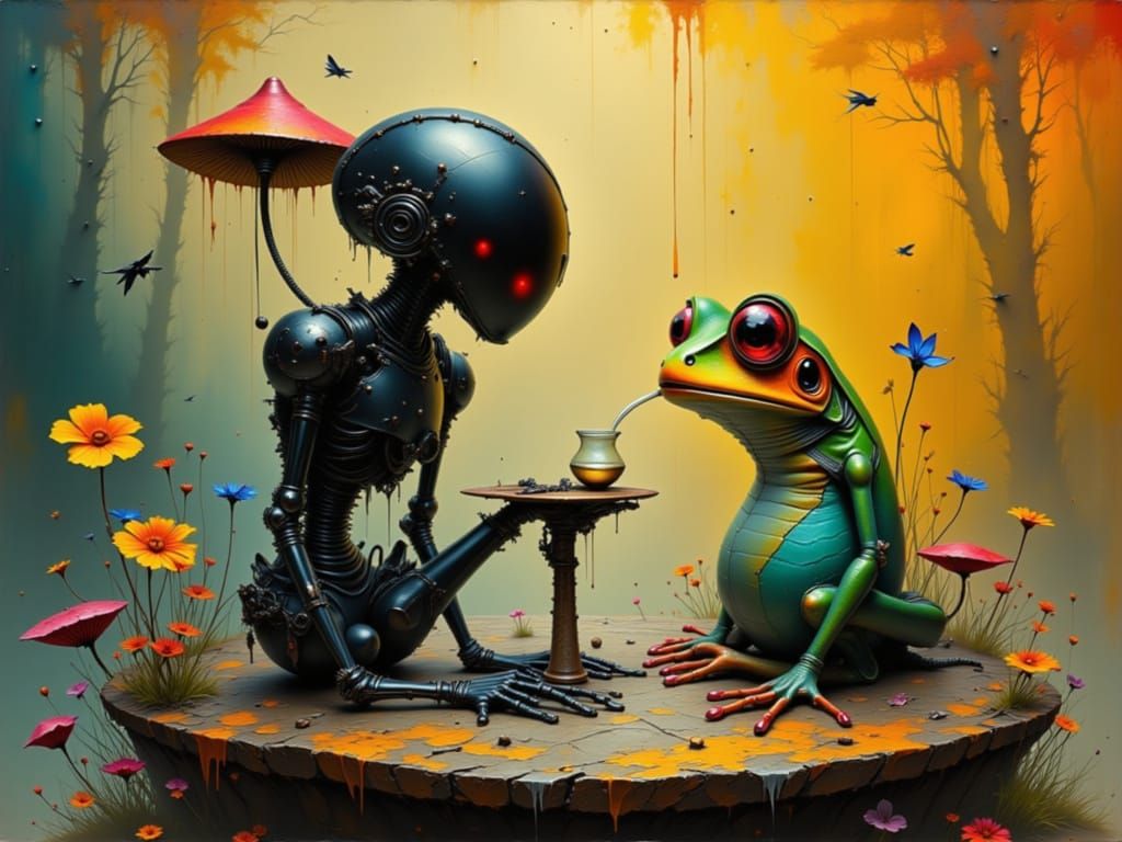 Robot Confides in Frog with Waterpipe, Detailed Digital Art