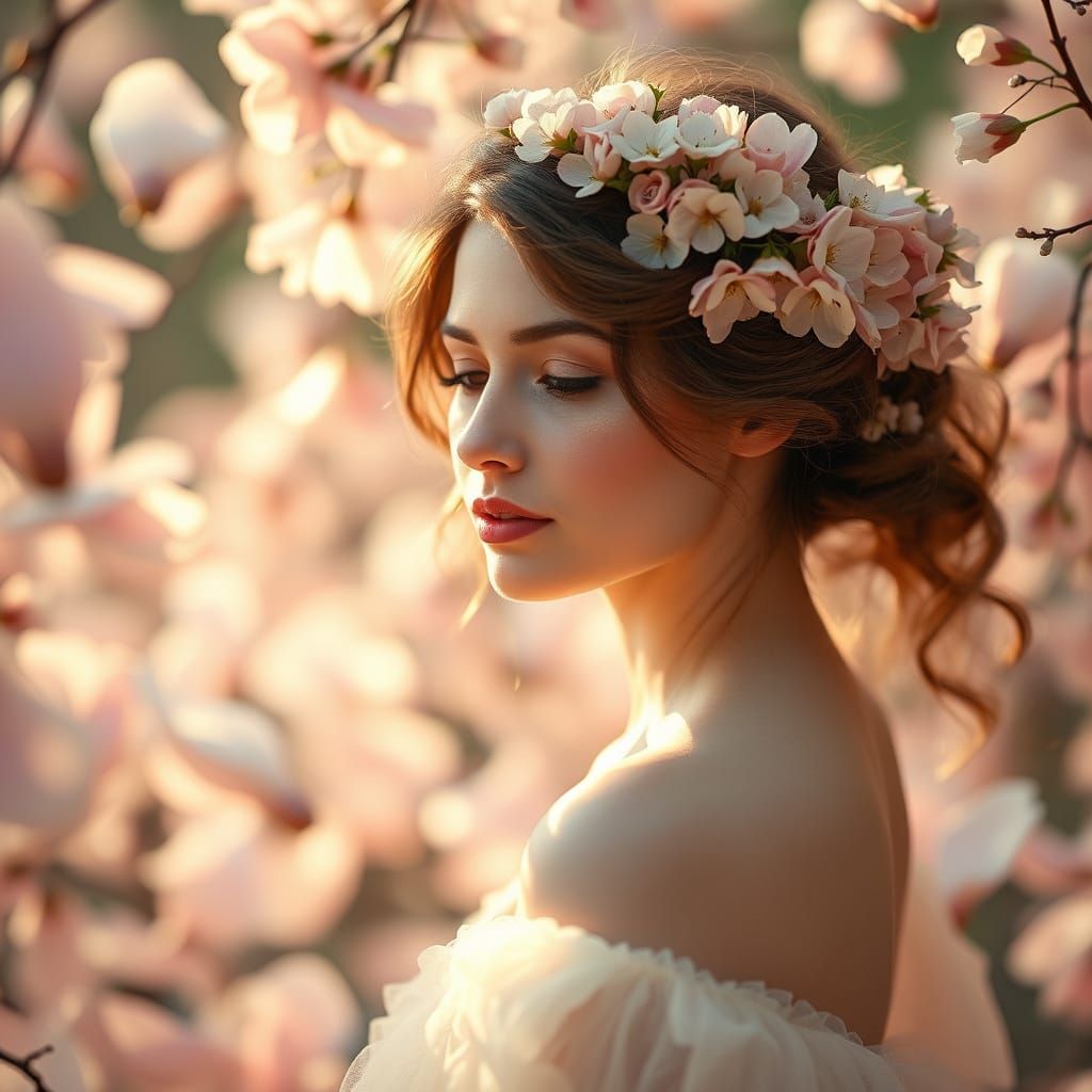 Ethereal Spring Goddess in Soft Petals and Gentle Light