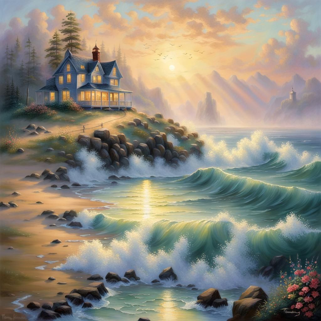 Ethereal Dawn Over Sinking Seas: A Fantasy Landscape