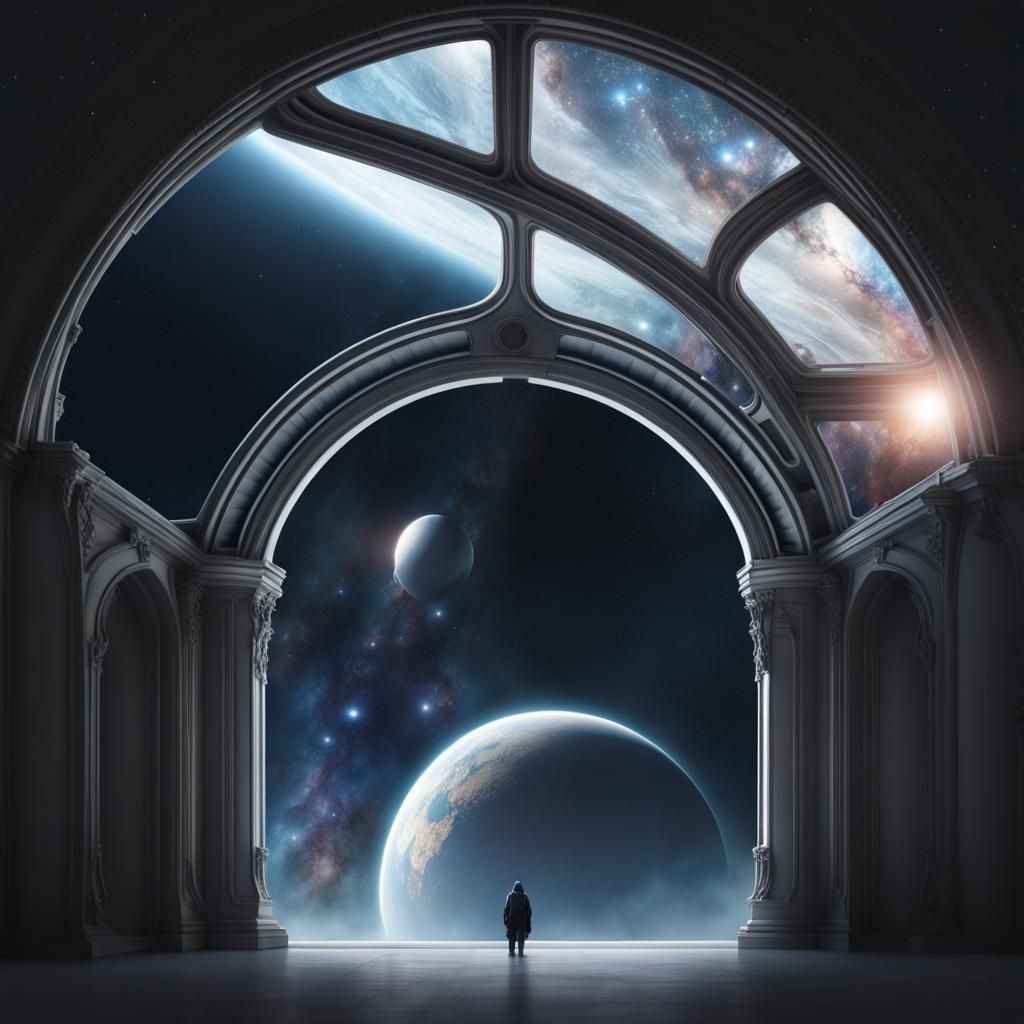 Gothic Spaceship Arches Overlooking the Galaxy