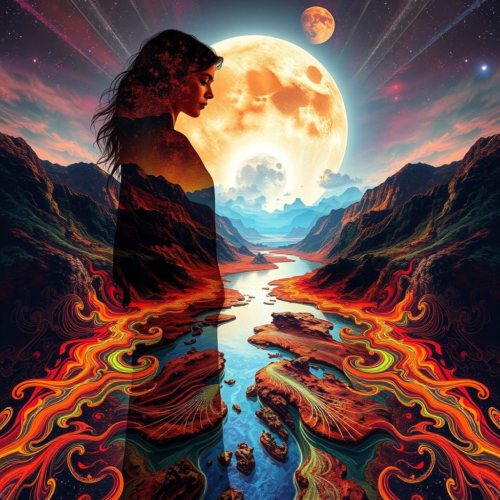 Surreal Double Exposure: Woman Silhouette with Alien Planet