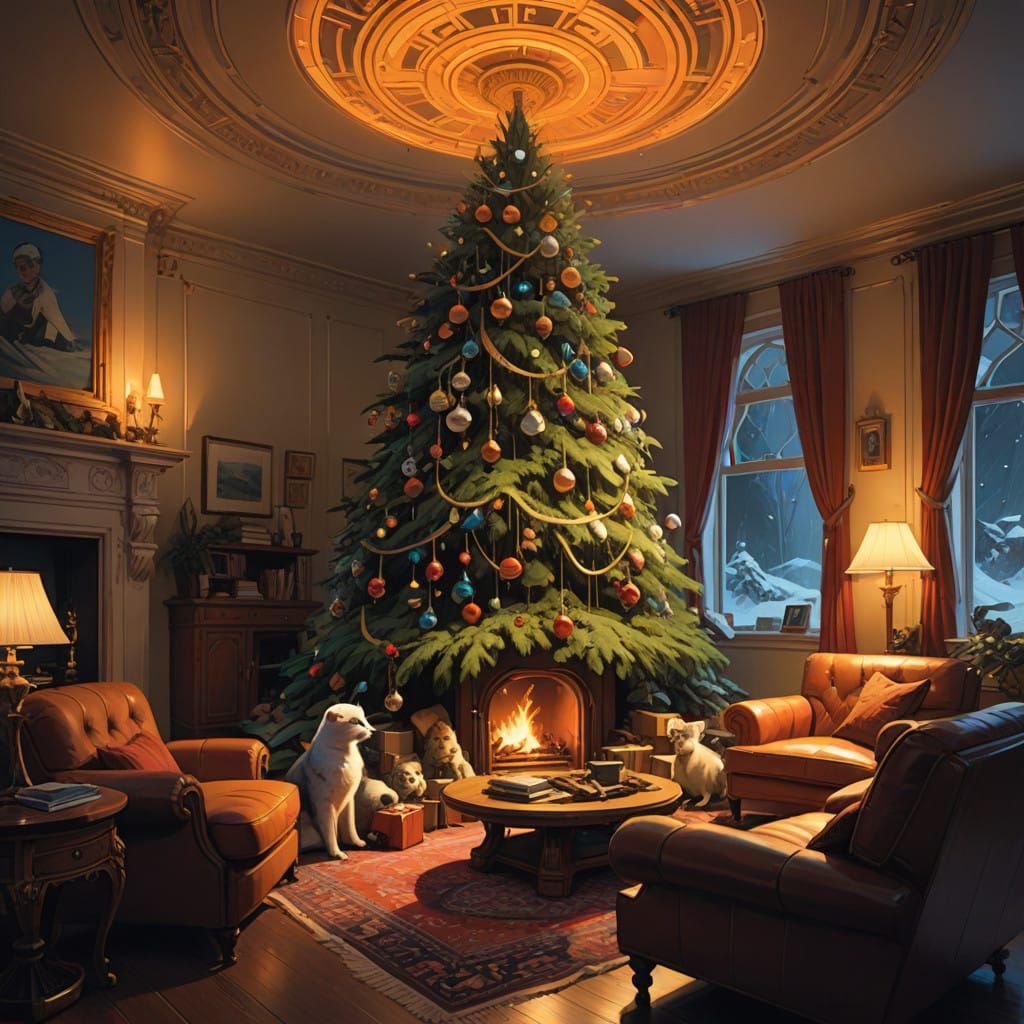 Ferrets Frolic Among Christmas Tree Ornaments in Cozy Living...