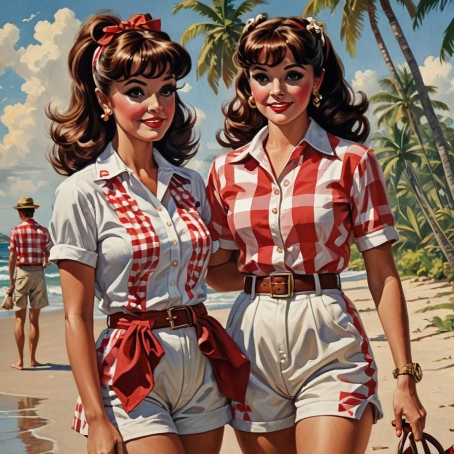 Pin-Up Girl on Tropical Beach, Impressionistic Style