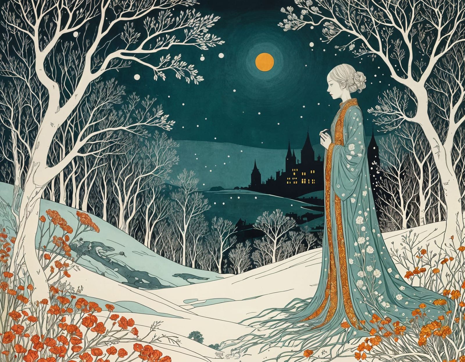 Winter Landscape in Vibrant, Intricate Linoprint Style