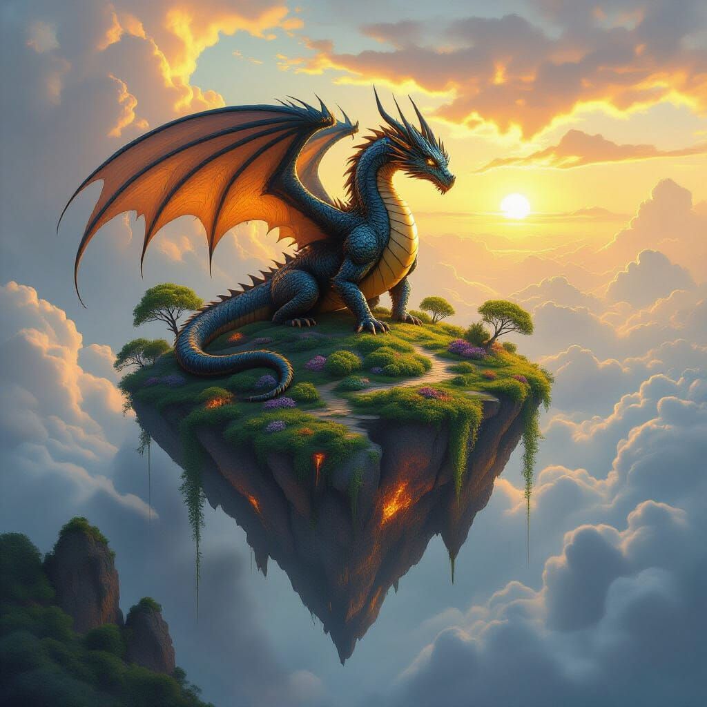 Majestic Dragon on Floating Island in Golden Hour Light