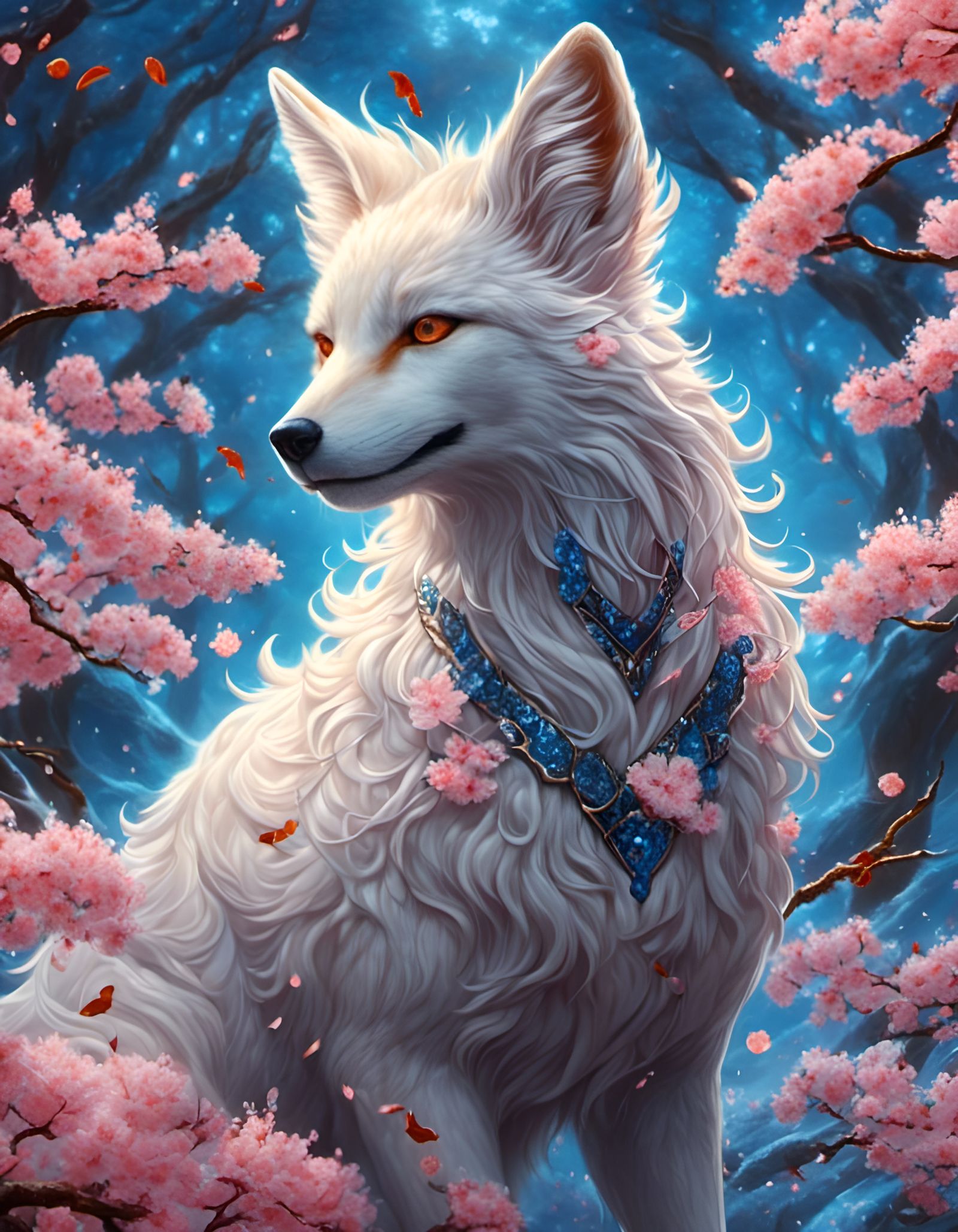 <lora:FreeRain:1.0> <lora:EthierUnreal V1:1.0> Nine-tailed Kitsune, Wolf-Fox Hybrid, Black and Blue, blue flaming chi ar...