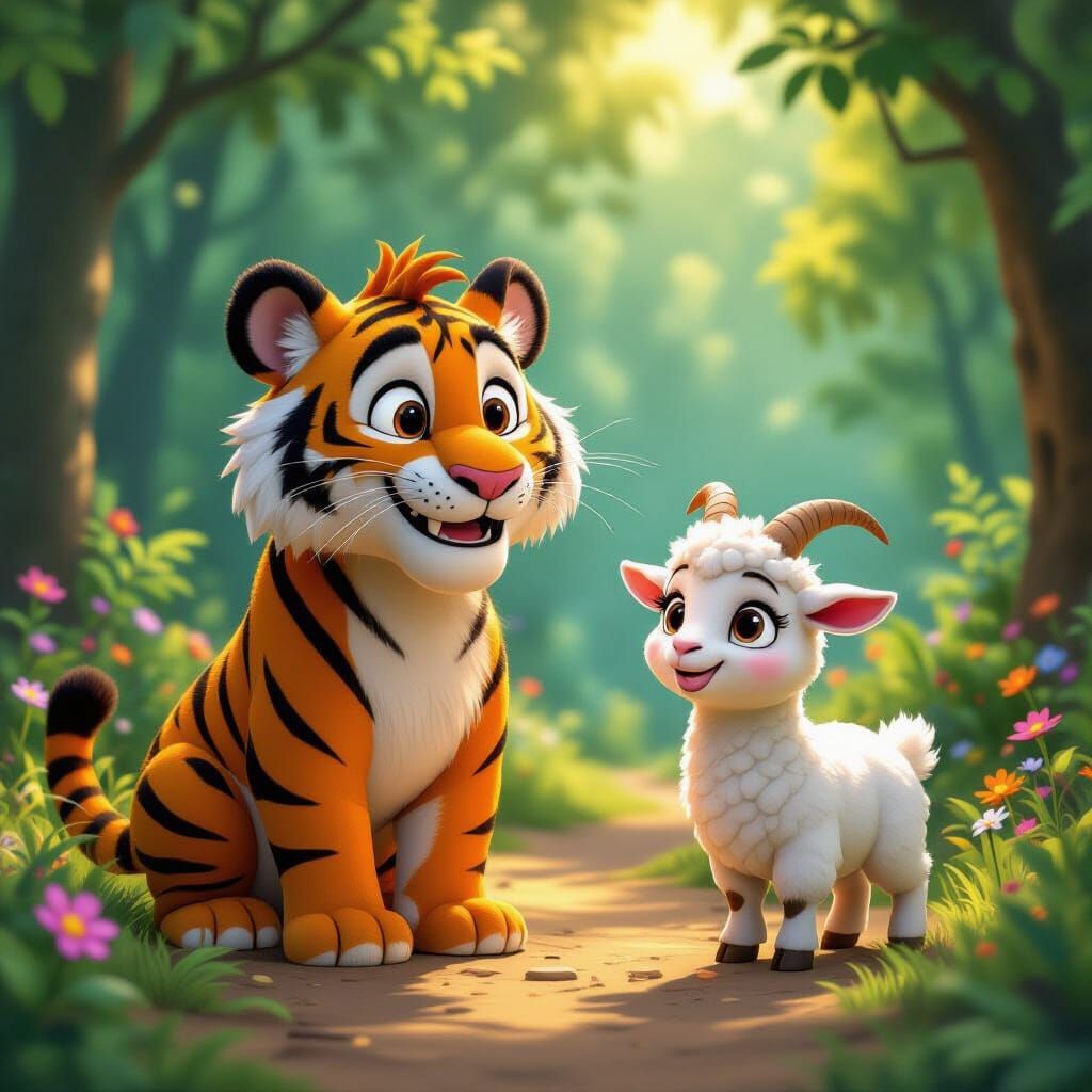 Tiger and Goat in Enchanted Forest, 3D Cartoon