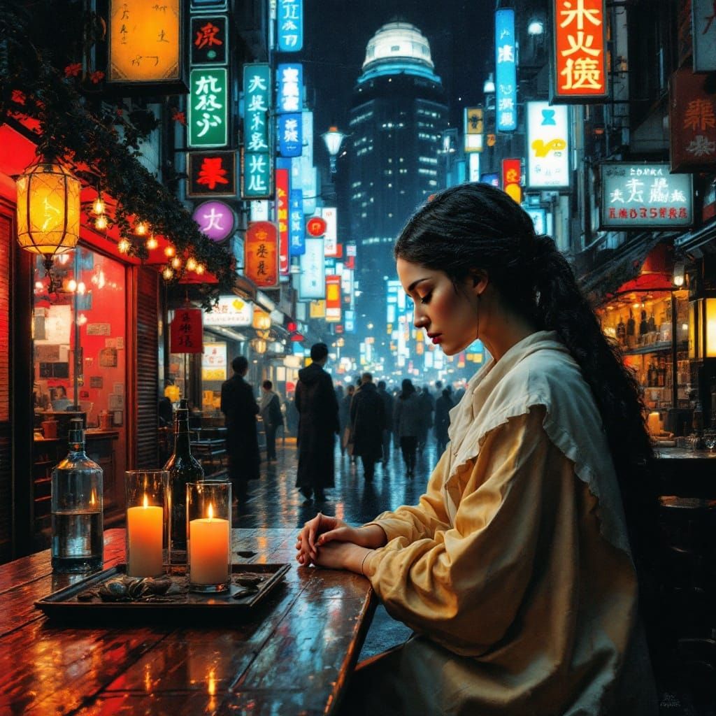 Ethereal Cyber Woman in Contemplative Tokyo Night