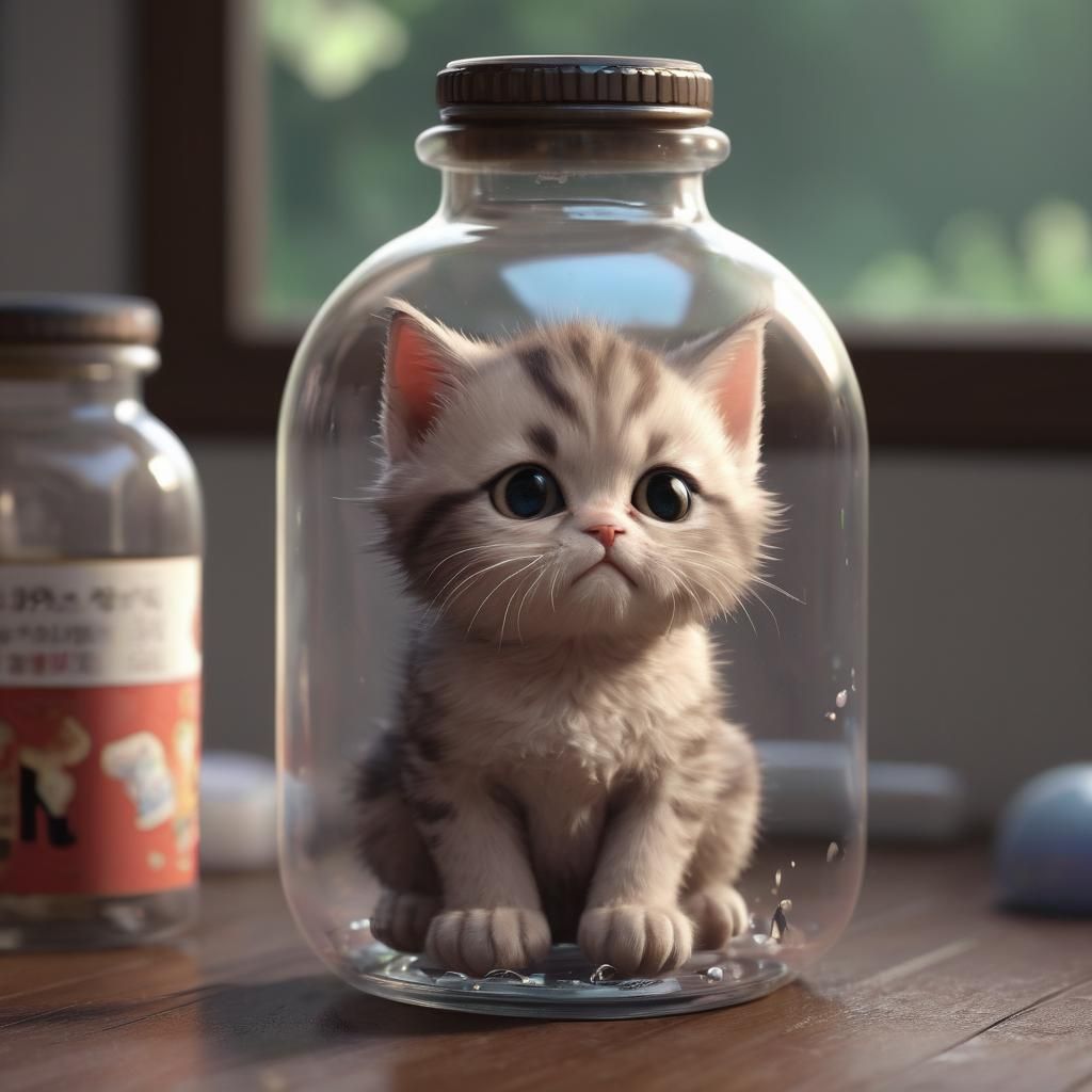 Grumpy Kitten in a Bottle: 3D Anime Art