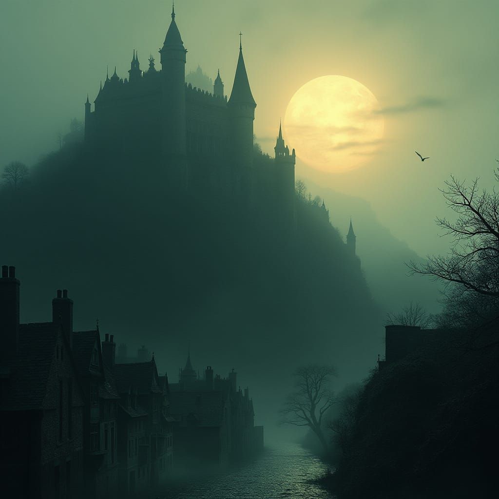 Medieval Castle City Under Radiant Sun in Dark Fantasy Style