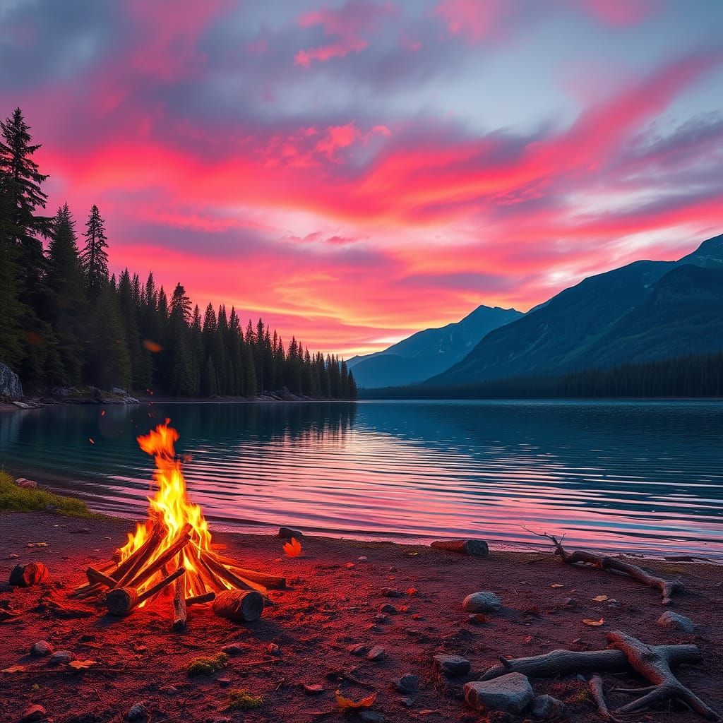 Magical Lake Sunset Reflecting Elemental Landscape