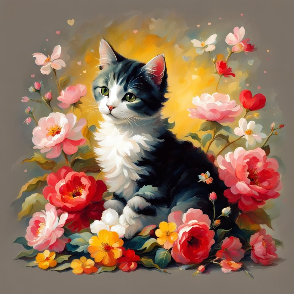 Cute Cat in Fragonard-Inspired Rococo Garden
