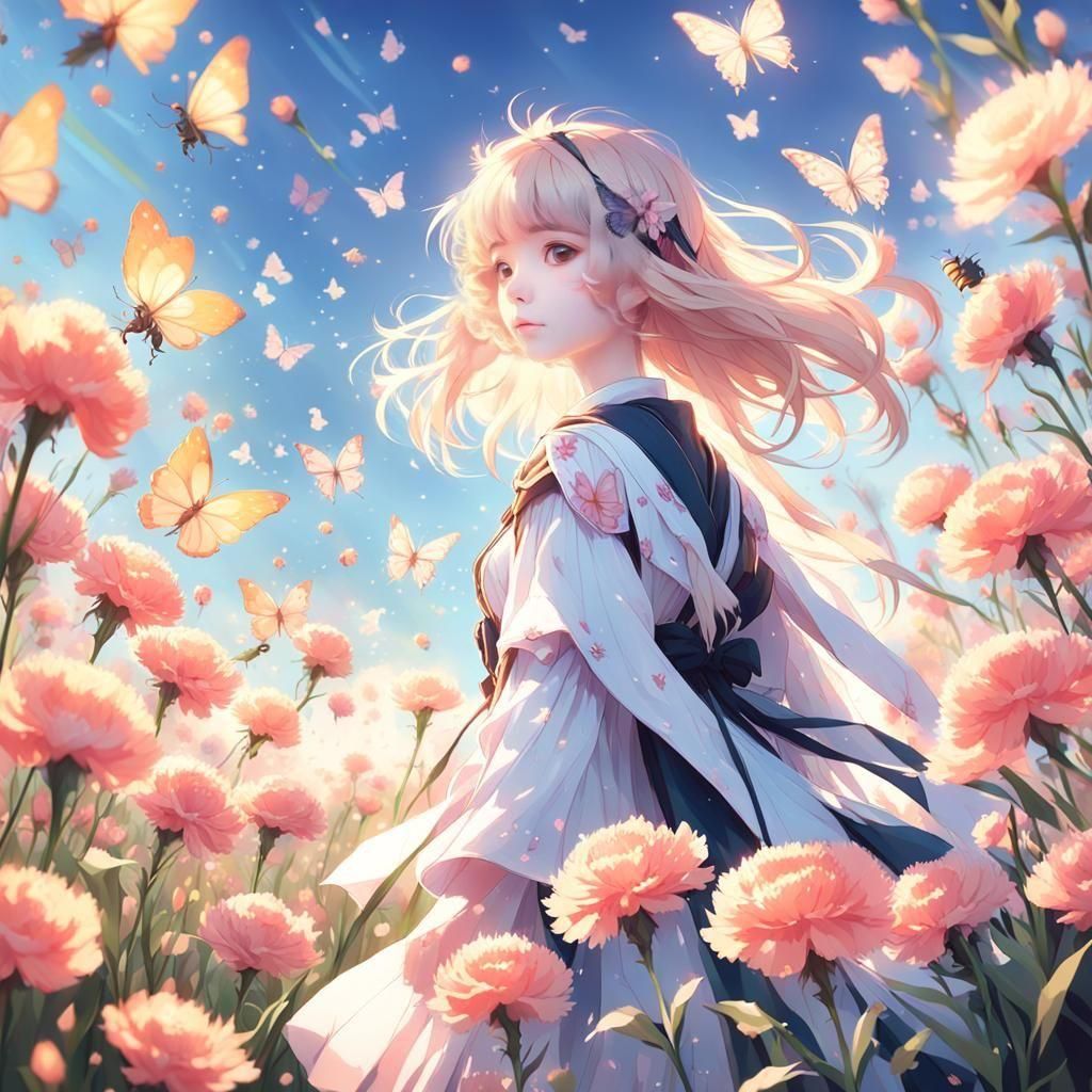 Anime Carnation in Pastel Meadow, 3D Render