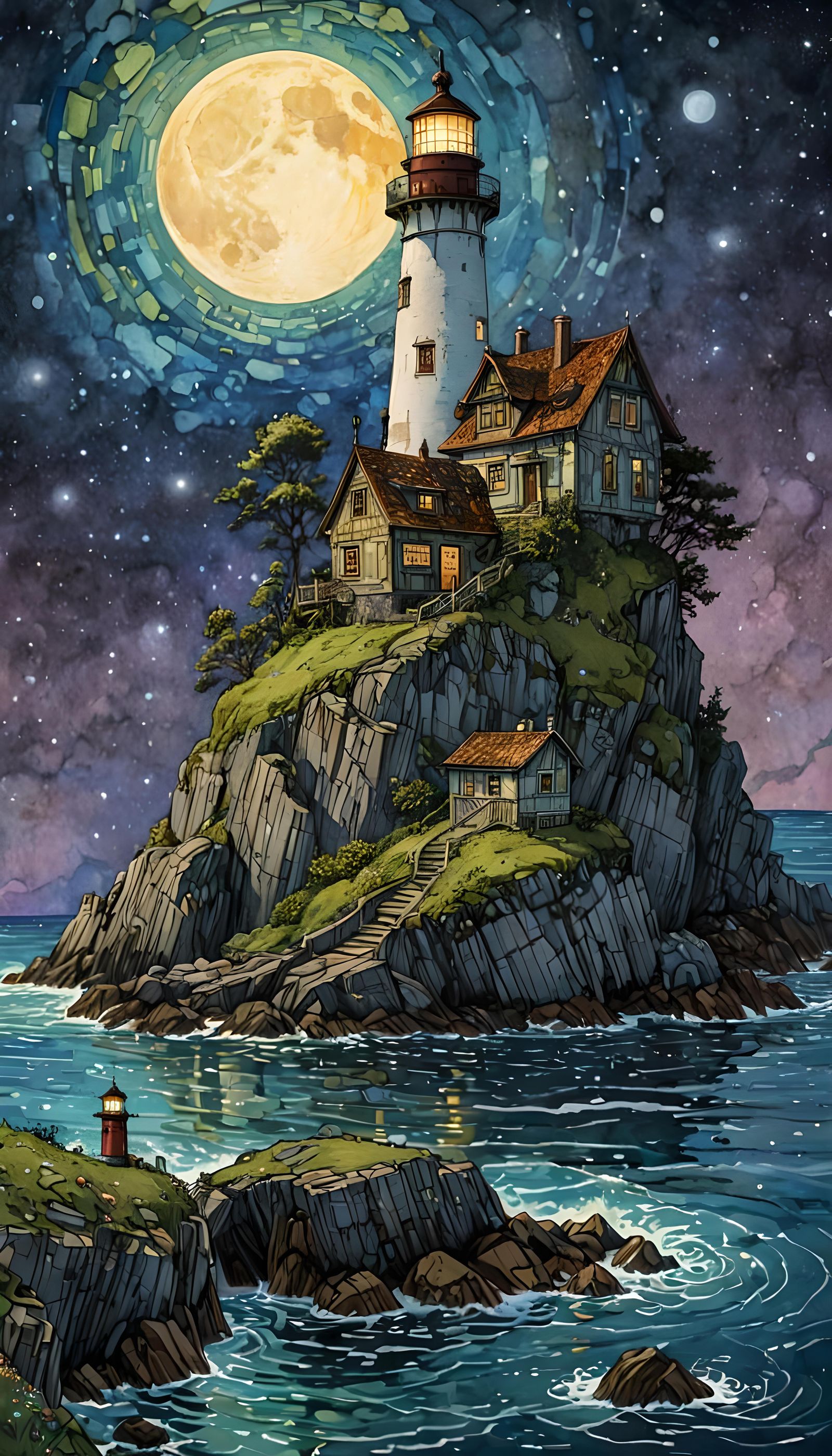 Island Lighthouse in Klimt-Monge Style: Vivid Watercolor