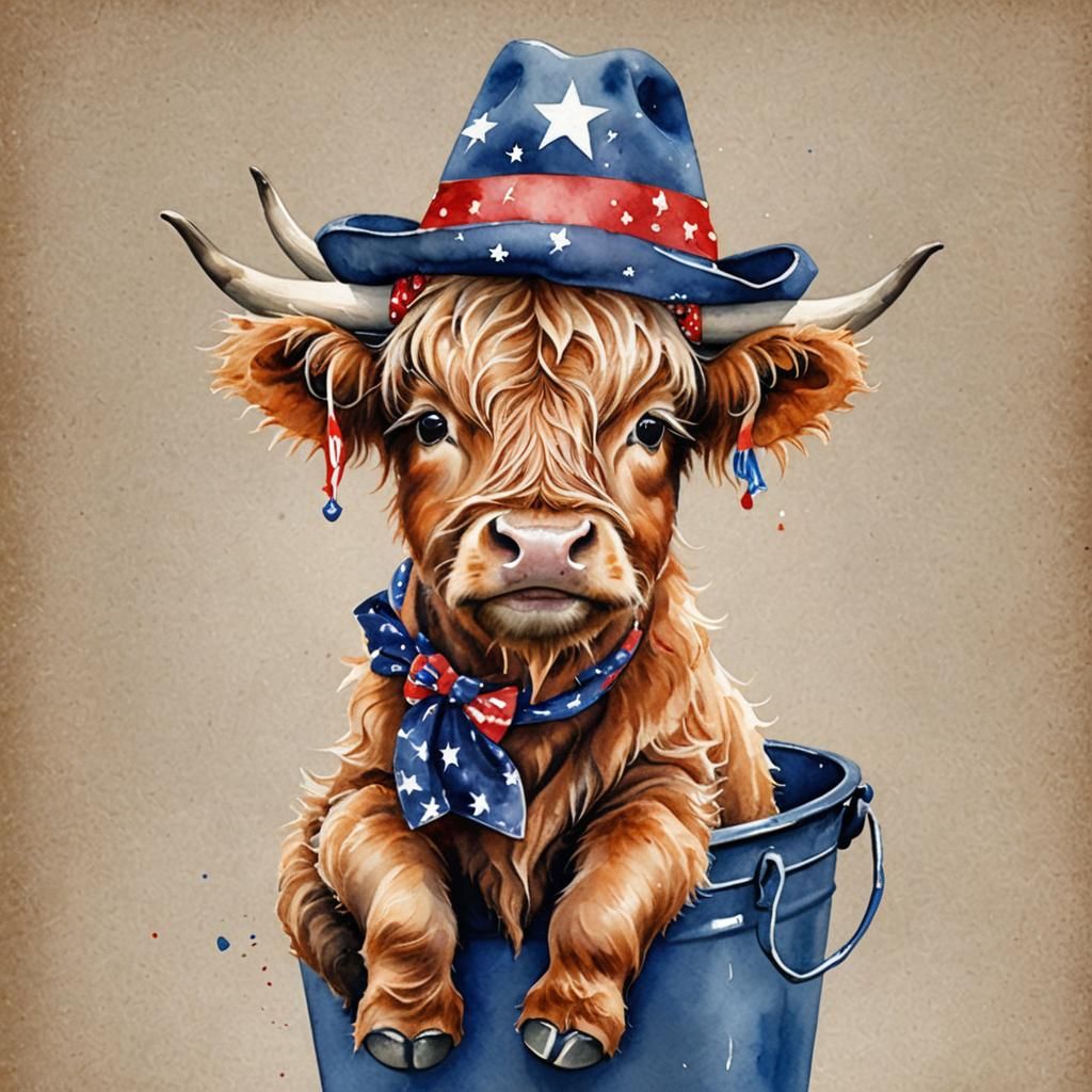 WHIMSICAL BABY HIGHLAND COW WATERCOLOR STYLE, WITH TEXAS HAT, BANDANA,BOWTIE, TEXAS JEWELS WRAPPED AROUND HIS HORNS, SI...