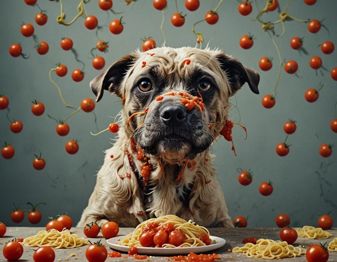 Ugly dog blended human body eating tomatoes pasta, neural ne...