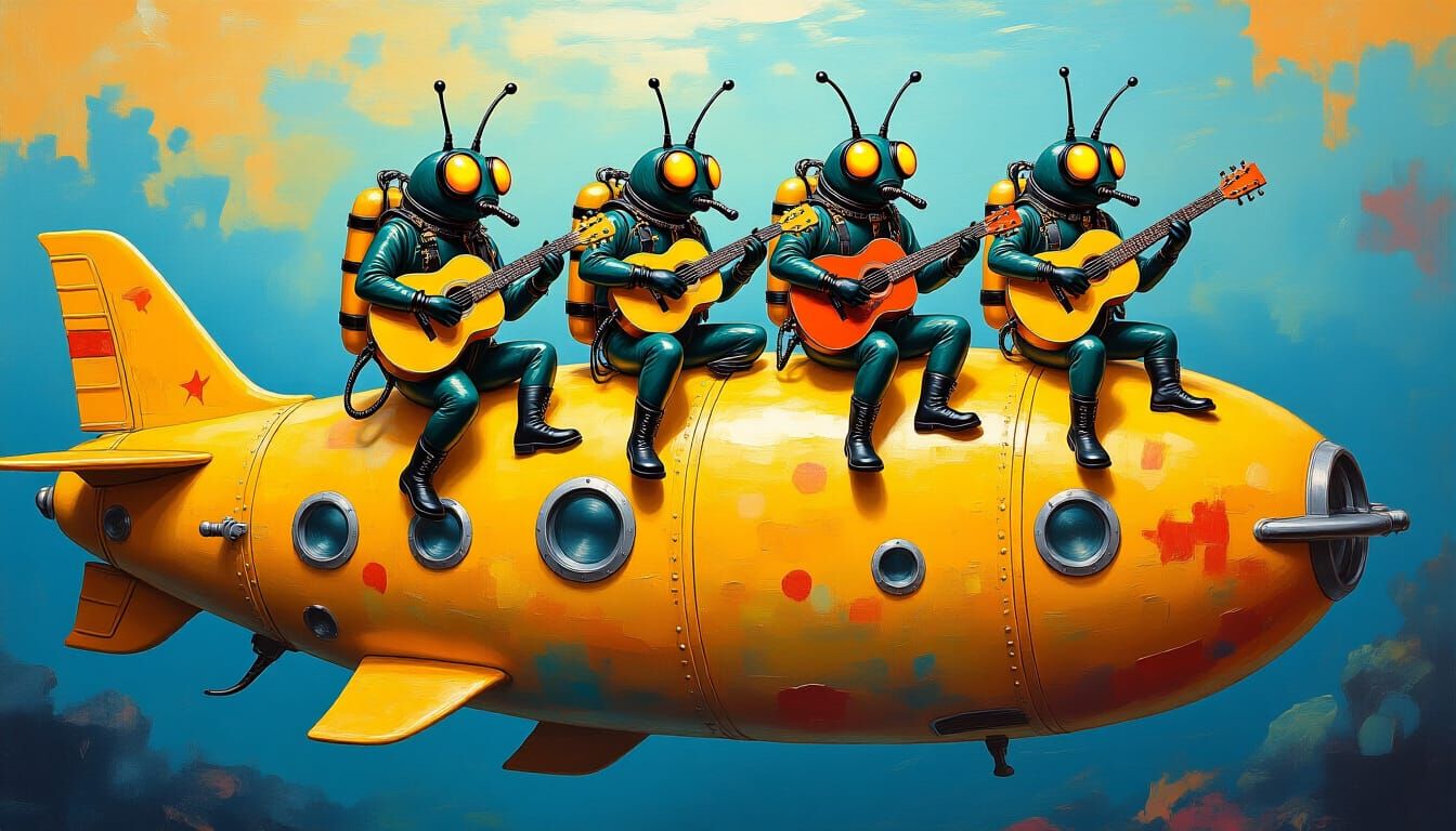 Beetles Play Music on Yellow Submarine in Surreal Style