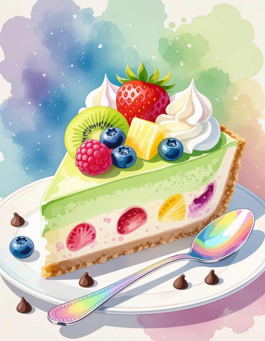 Rainbow Matcha Cheesecake Slice in Watercolor Style