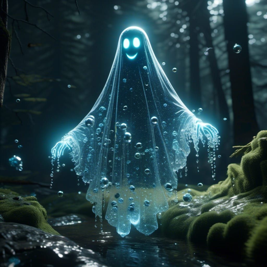 Blue Crystal Ghost in Sparkling Forest: 3D Render