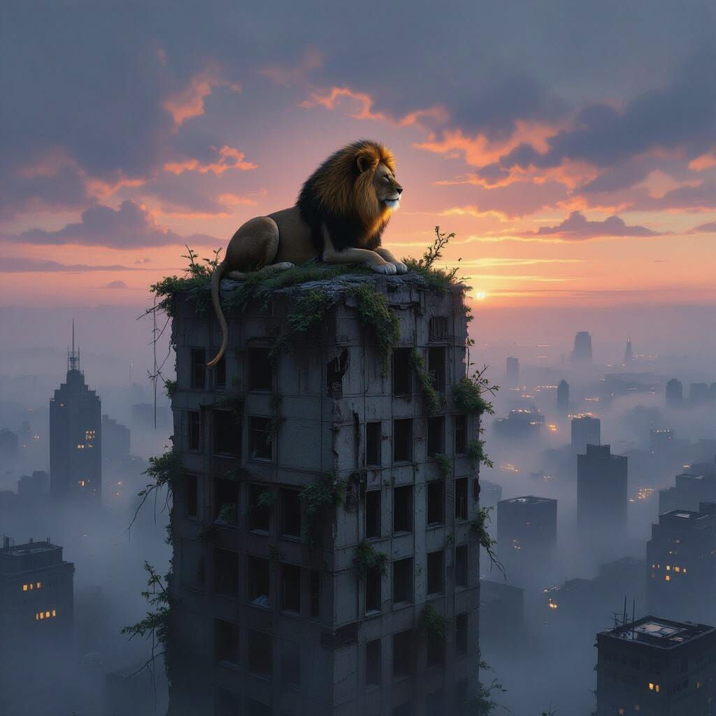 Majestic Lion on Ruined Skyscraper in Surreal Cityscape