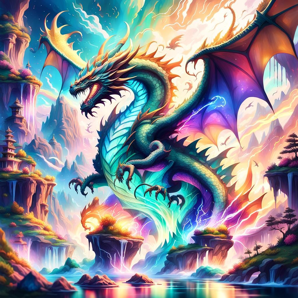 Mythical Dragon Soaring Through Fantasy Landscape