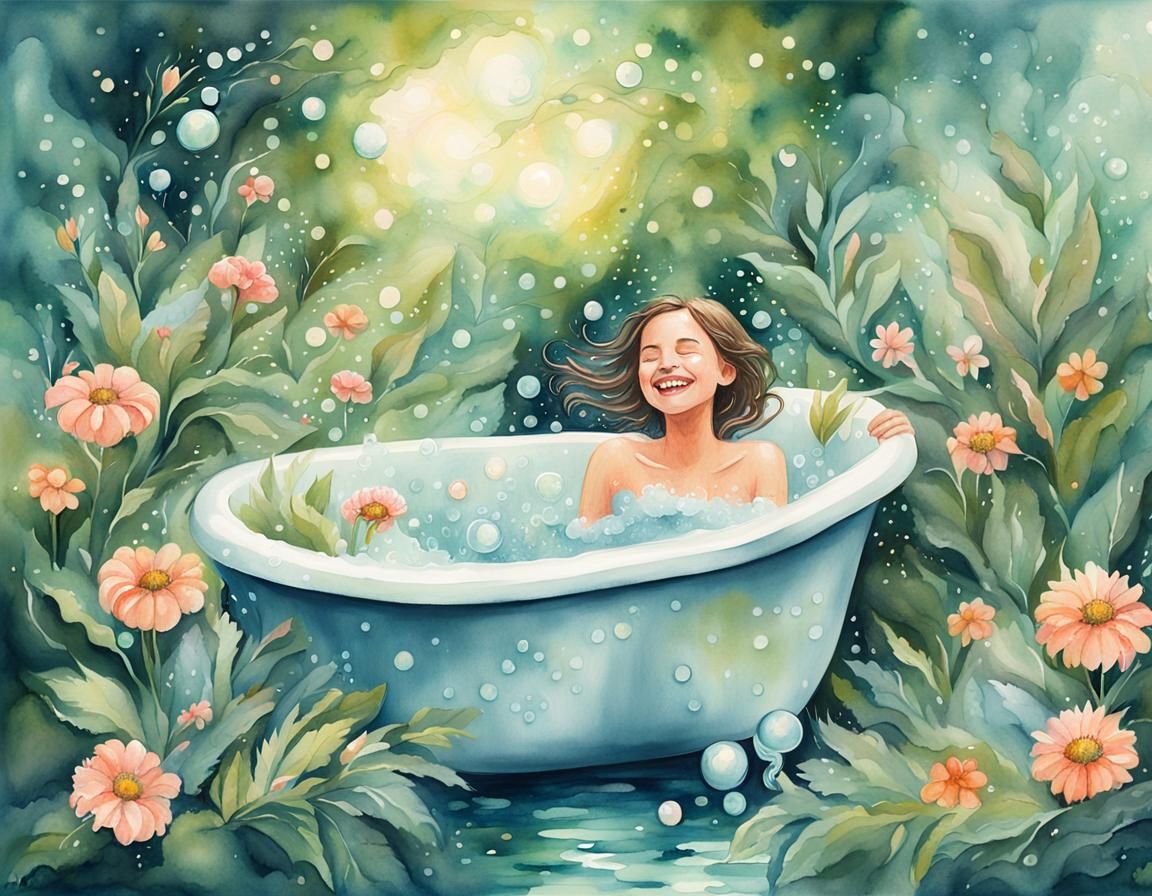 Girl in Bubble Bath Surrounded by Flowers, Watercolor Art