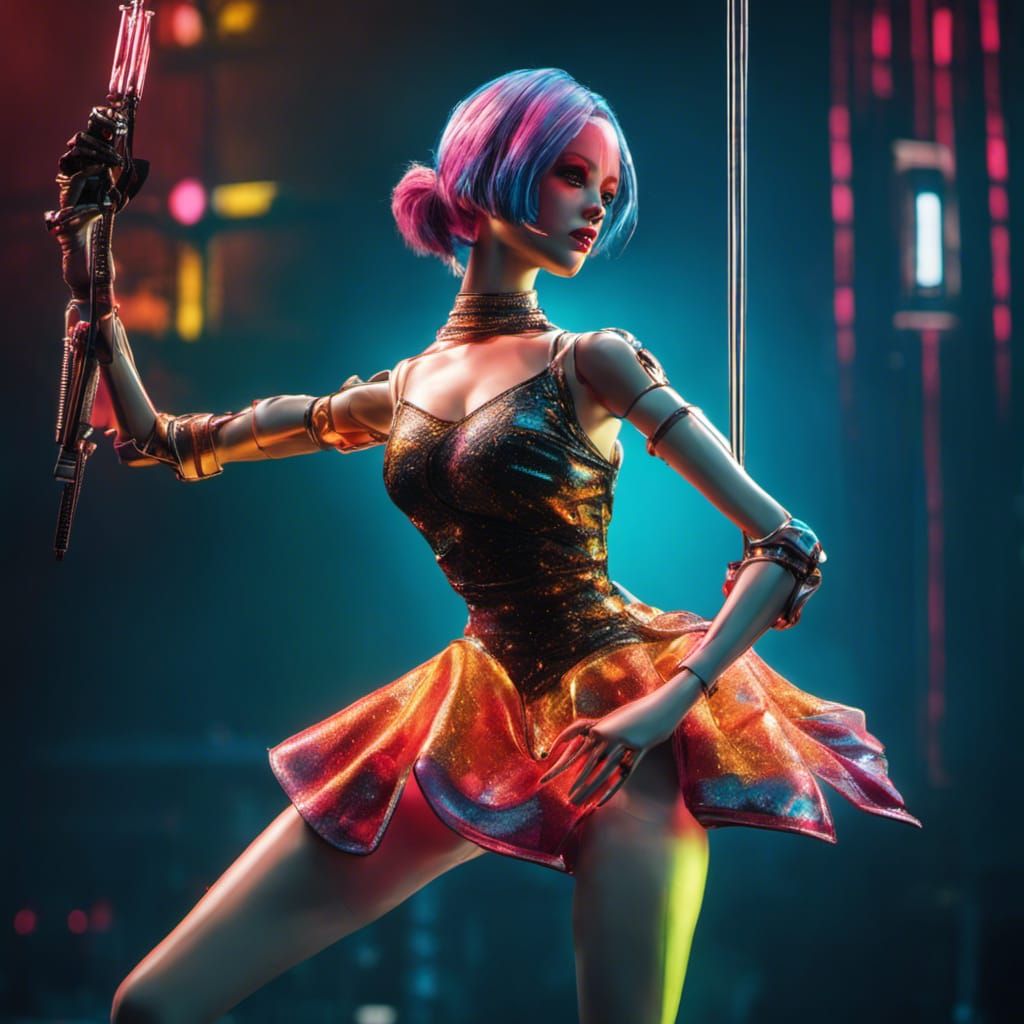 Cyberpunk Marionette Doll in Neon Cityscape